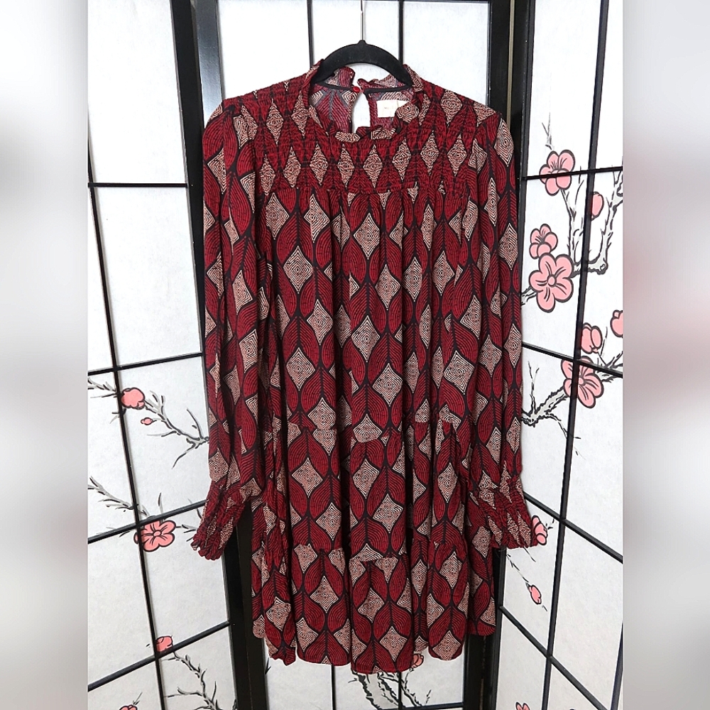 MELLODAY Red Maroon Ruffle Neckline Long Sleeve Tiered Dress Art To Wear